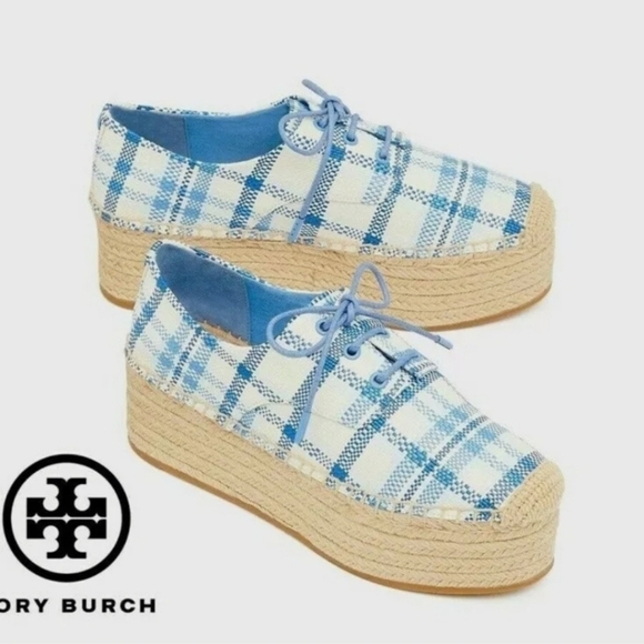 TORY BURCH Raffia Plaid Print Espadrilles - Picture 1 of 9